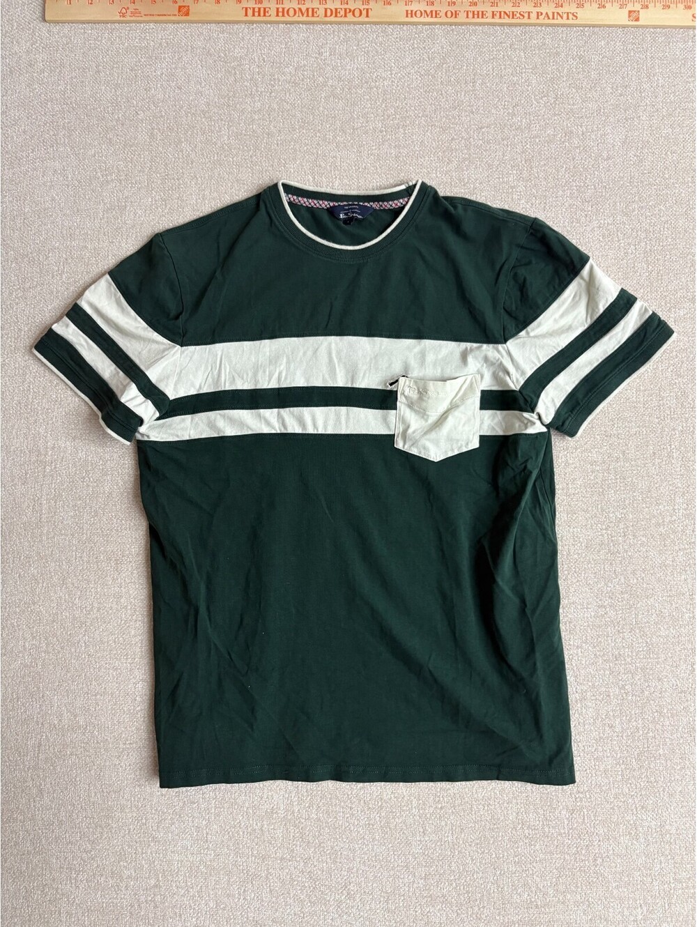Ben Sherman Men Striped Pocket T-Shirt Size L Green White Short Sleeve Crew Neck